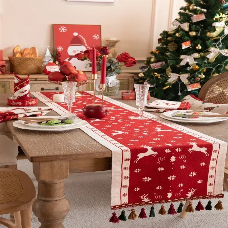 Christmas Table Runner Christmas New Year Small Bell Tablecloth Snowman Elk Deer Tablecloth Party Ornament Home Decorations