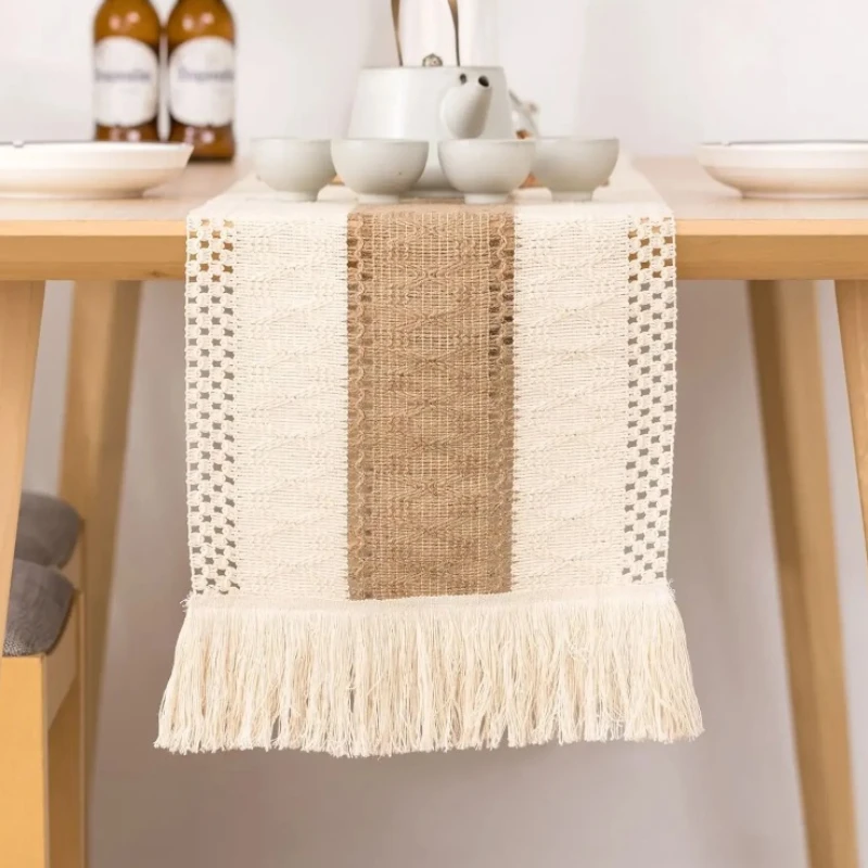 

1PC Burlap Table Runner Jute Stitching Farmhouse Table Runners for Home Dining Room Country Vintage Wedding Banquet Decoration