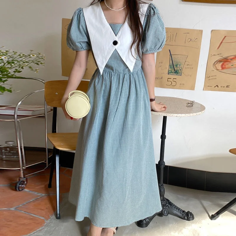 レトロチェック柄バブルスリーブ半袖マキシドレス女性のウエスト締め痩身夏 2023 新スタイル韓国 V ネックドレス