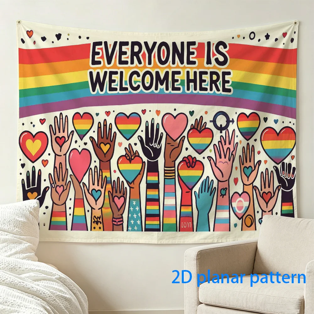 Rainbow Everyone Is Welcome Here Tapestry Colorful Hands Wall Decor Gender Pride Room Sign