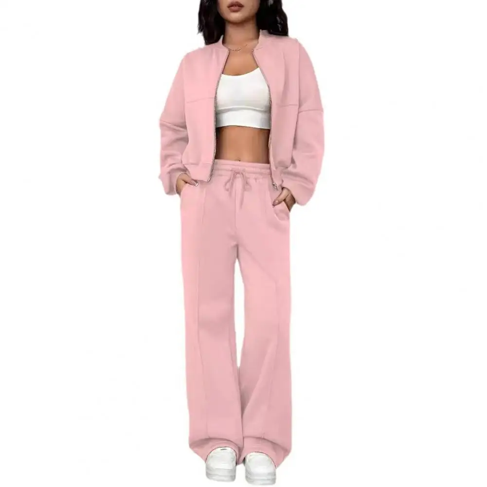 Autumn Coat Pants Set Women\'s Sporty Tracksuit Set with Stand Collar Jacket Elastic Cuff Sleeves High Waist Wide Leg for Active