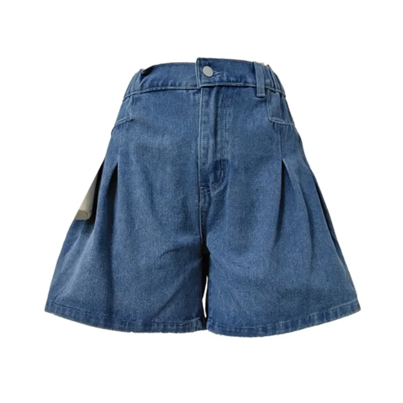 Women Stretch Elasticated Waist Denim Shorts Pleats Splice Three Quarter Pants Female Casual Commuter Mini Jeans Streetwear 2024