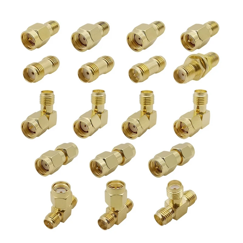 18Pcs SMA / RP-SMA to SMA / RPSMA Male Plug & Female Jack Straight & Right Angle T Type Splitter RF Coaxial Connector Adapter