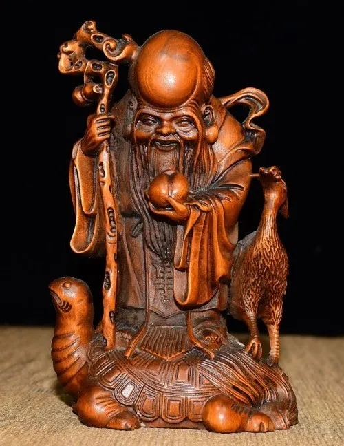

5.1'' Old Dynasty Boxwood Carve Shouxing Longevity god Turtle Crane Bird Statue