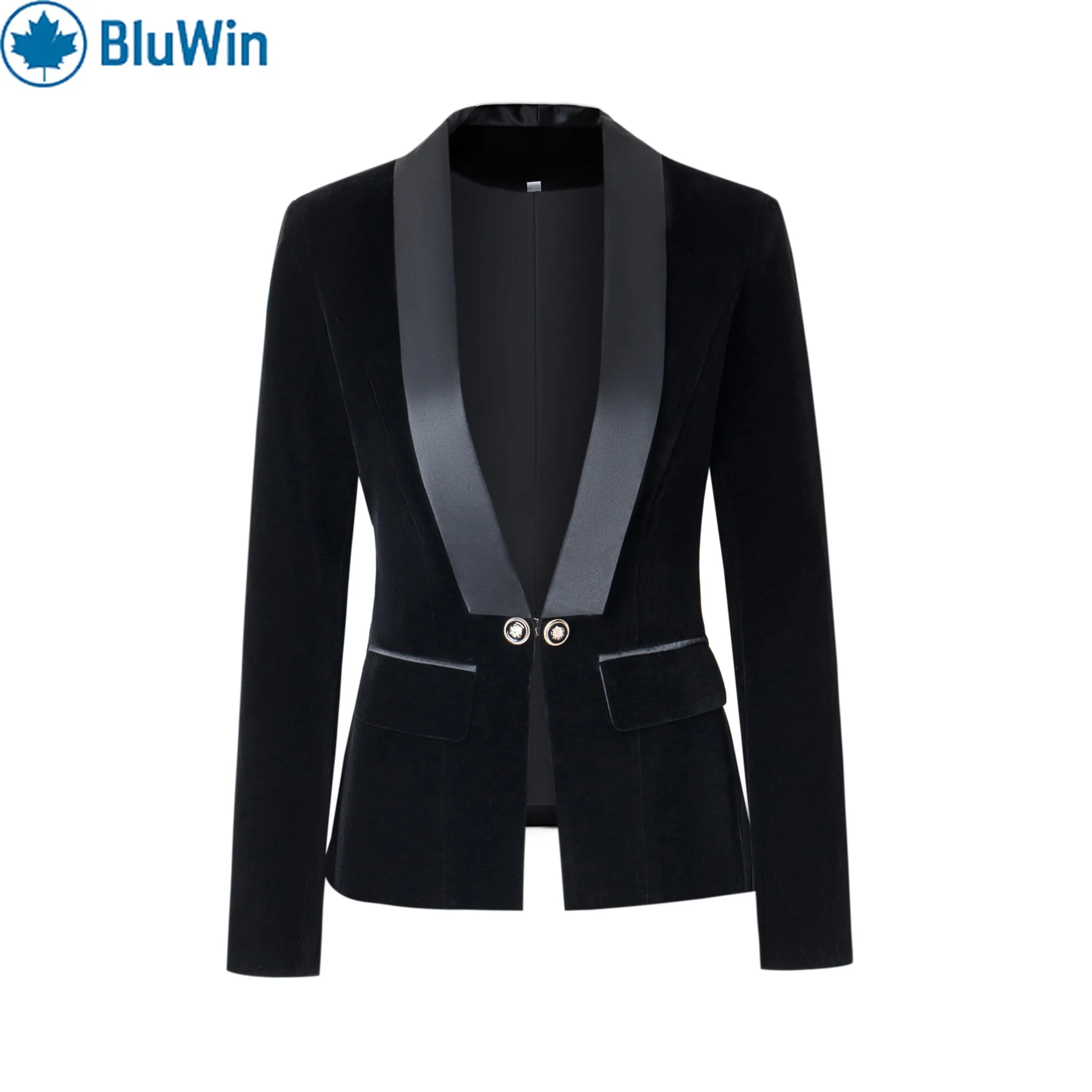 

BluWin Velvet Blazer Women Two Button Deep Shawl Lapel Faux Leather Trim Tailored Fit Elegant Black
