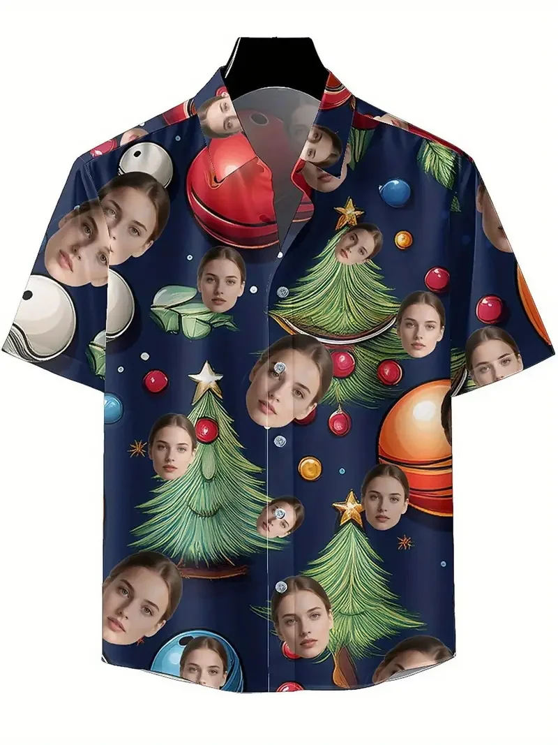 Full Print Custom Photo Beach Shirts For Men Christmas Pattern Short Sleeve Button Hawaiian Shirts Clohtes Men's Aloha Shirt