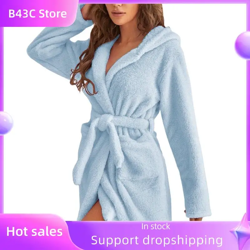 

B14C Women's Plush Mid-Length Belt Soft Bathrobe With Pockets Autumn And Winter Hooded Home Plush Pajamas