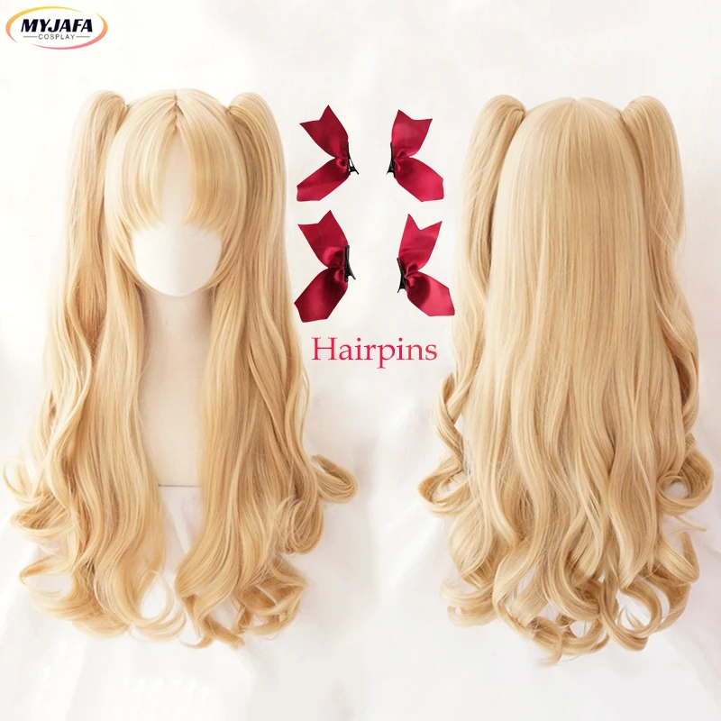 Ereshkigal Cosplay Wig Game Irkalla Ereshkigal Blonde Curly Ponytails Heat Resistant Synthetic Hair Halloween Wigs + Wig Cap