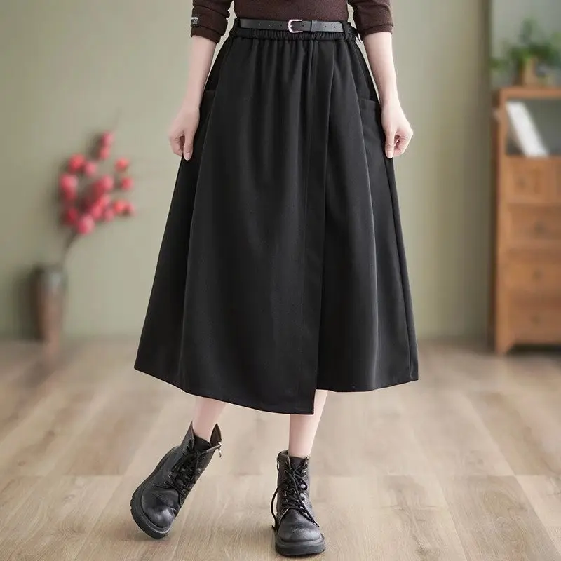 Irregular Woolen Skirt For Women Elastic Waist Fashion Oversized A-Line Versatile Mid Length Autumn Winter Skirt Faldas Z2971