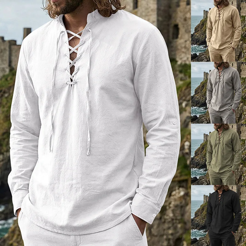 

Cross-border Spring and Autumn Men's Stand-Up Collar Long Sleeve Henry Shirt Loose Medieval Vintage Linen Tether T-Shirt Men