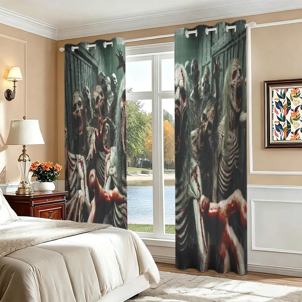 2pcs Terrifying Zombie Horde Pattern Double Sided Grommet Curtains Blackout Privacy Curtain For Bedroom Living Room Halloween