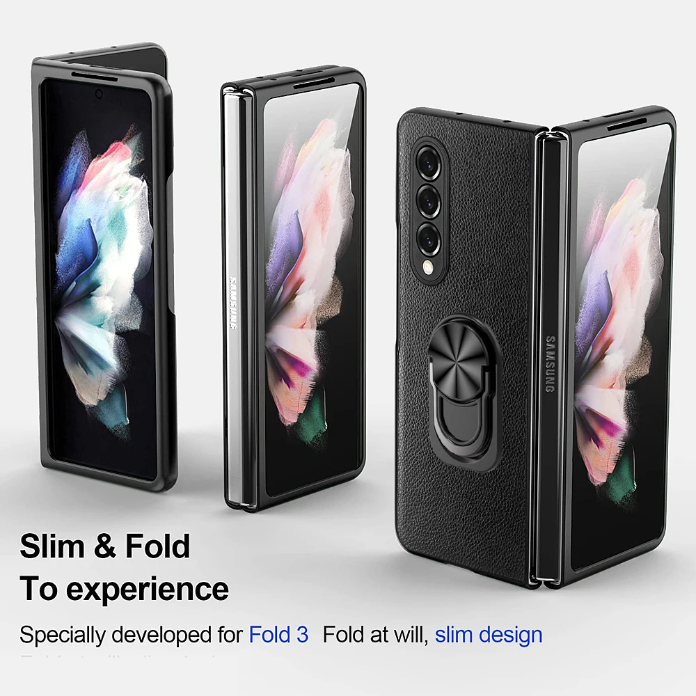 Anti-Dust Finger Ring Leather Cover Case for Samsung Galaxy Fold 3 Fold2 Fold 2 5G Fold3 Kickstand Phone Bag Capa