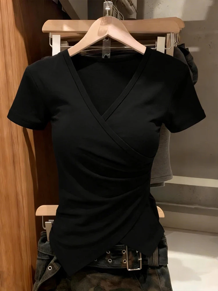 Summer New Style Women's T-Shirt Asymmetric V-Neck Pleated Short Sleeve Fashionable Lady's Top Commute Friendly Korean Version