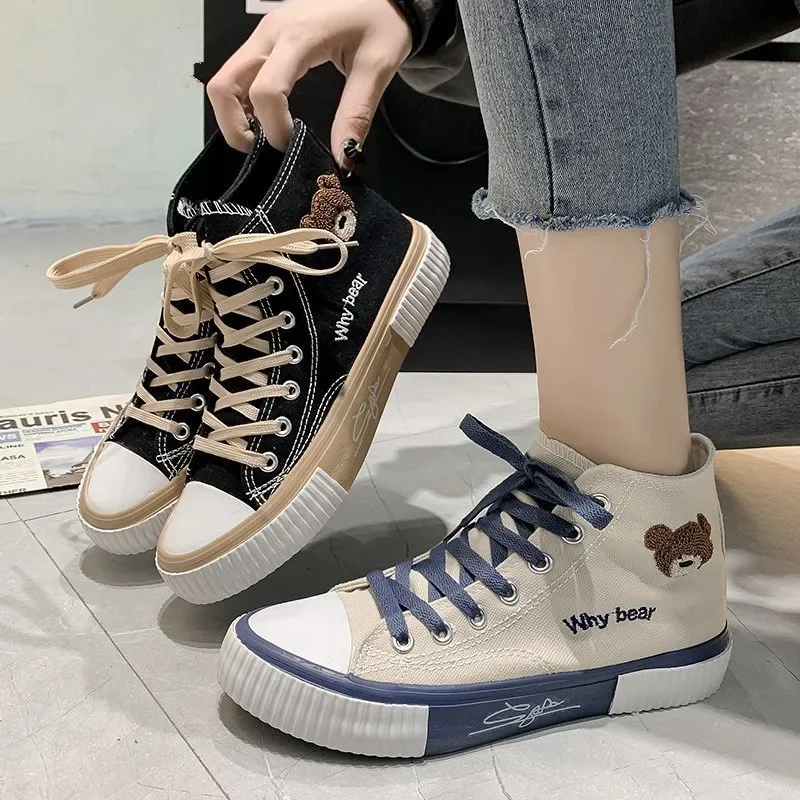 2024 Spring Summer Fashion Bear Women Canvas Shoes High-top Canvas Shoes Lace Up Casual Sneakers Female Off White Shoes Sneakers