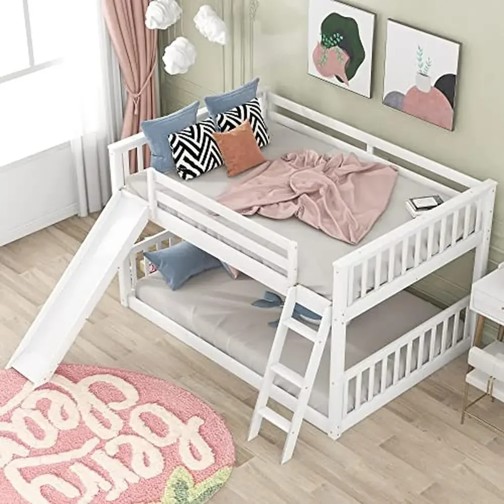 Full Low Bunk Bed with Slide and Ladder Kids Boys Girls White Pine Wood Convertible Floor Bunk Bed Modern Design No Box Spring