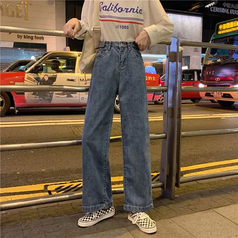 Pantalones vaqueros de pierna ancha de cintura alta para mujer, Jeans ajustados sueltos para estudiantes, estilo Hong Kong, primavera y otoño, nuevo