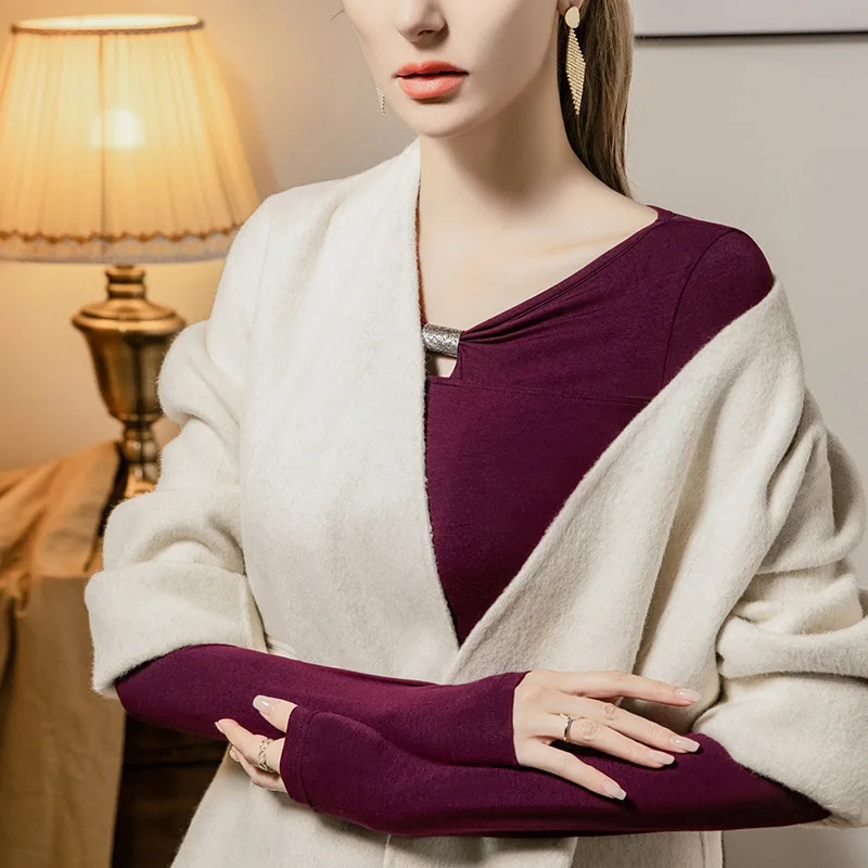 BOWEYLUN, осенняя новая футболка с v-образным вырезом и длинными рукавами, женская ретро-футболка с металлическими украшениями, однотонная нижняя рубашка, блузка, женская