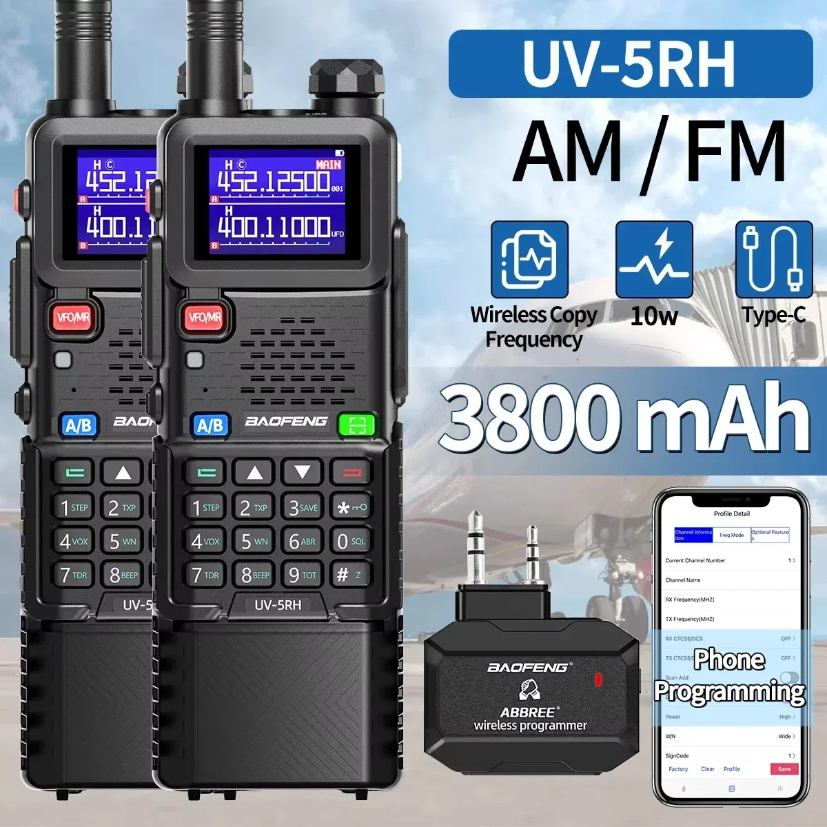 

1/2 PCS Baofeng UV-5RH Multi Band Walkie Talkie 3800mAh Bluetooth Phone Programming AM For UV-5R Long Range Ham Radio