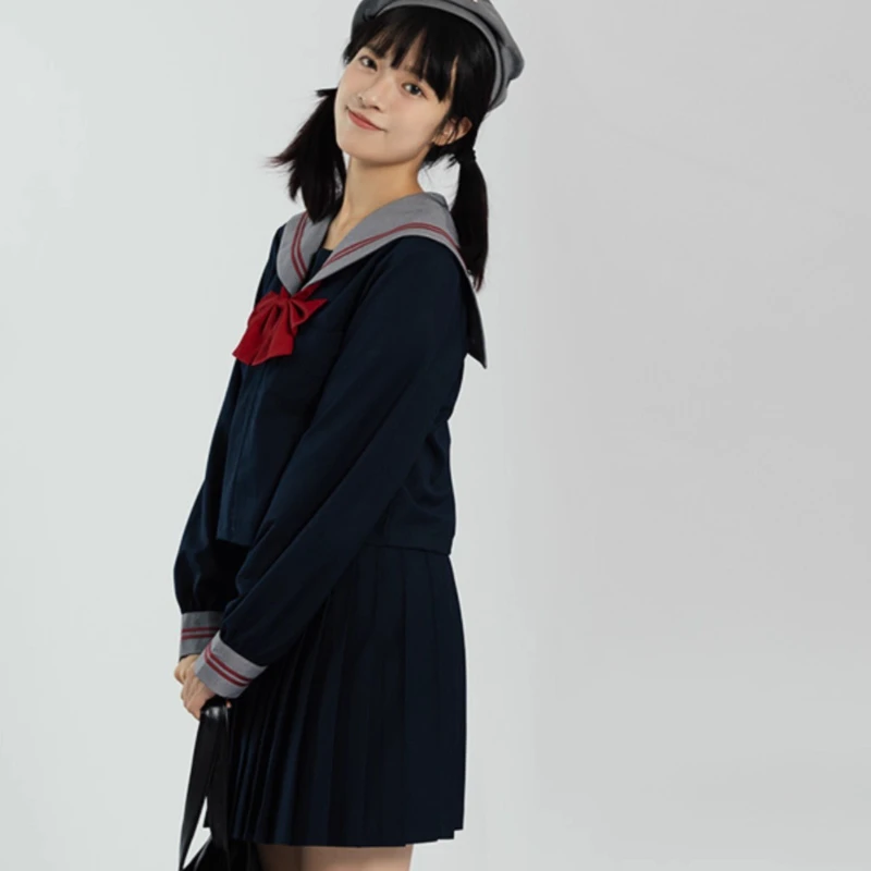 Uniforme japonais JK COS Anime, chemise à manches longues et col bleu marine pour fille, jupe plissée polyvalente, taille haute, réduction de l'âge, printemps automne