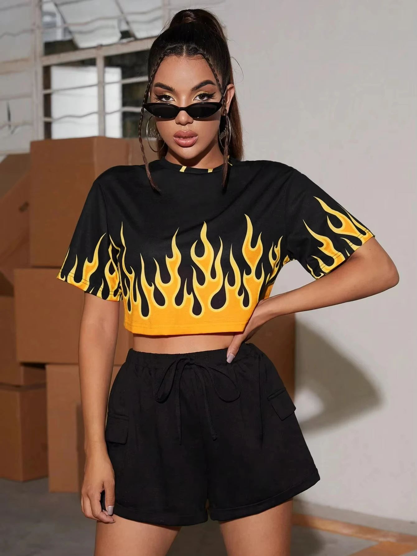 Camiseta corta con diseño de estampado de llama para mujer, camiseta informal de verano para correr, Top corto de entrenamiento, Camiseta corta holgada para mujer para baile