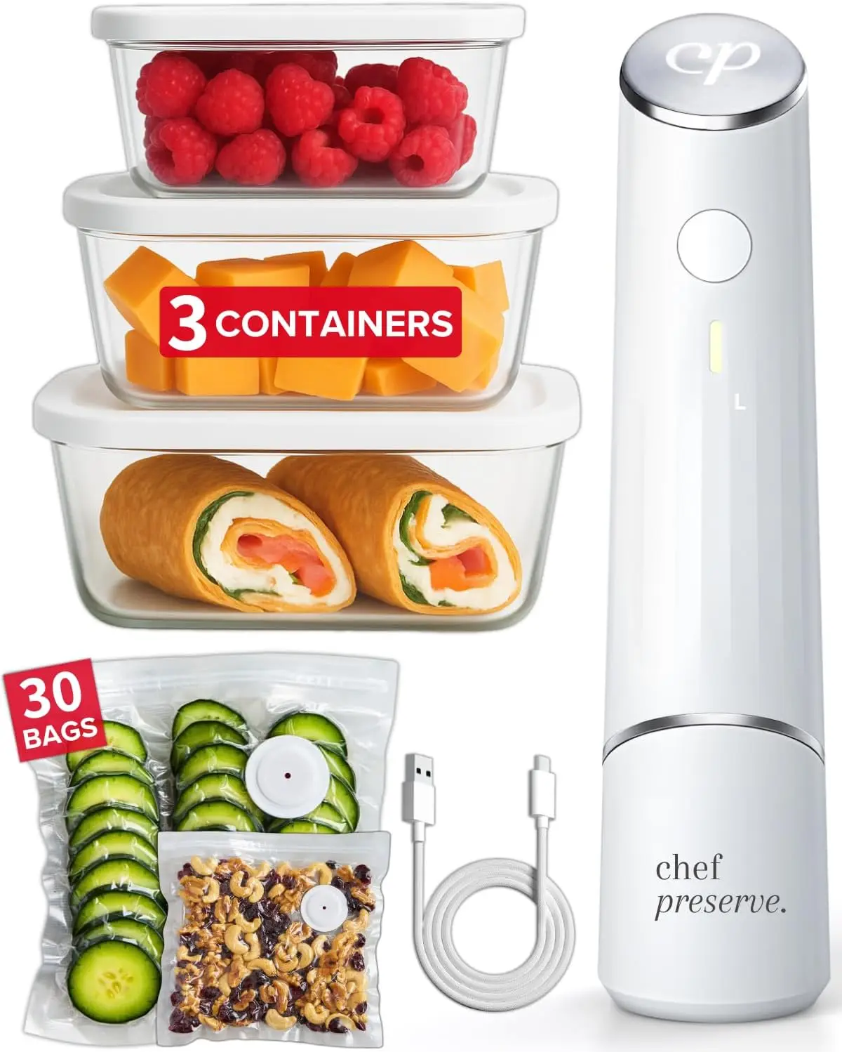 

Compact Vacuum Sealer with 3 Glass Containers & 30 Bags, Portable Food Saver for Meal Prep