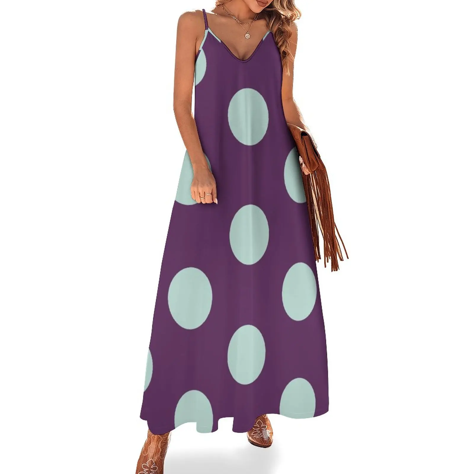 

Large MINT GREEN and AUBERGINE PURPLE POLKA DOTS Sleeveless Dress dresses korean style Long dress woman