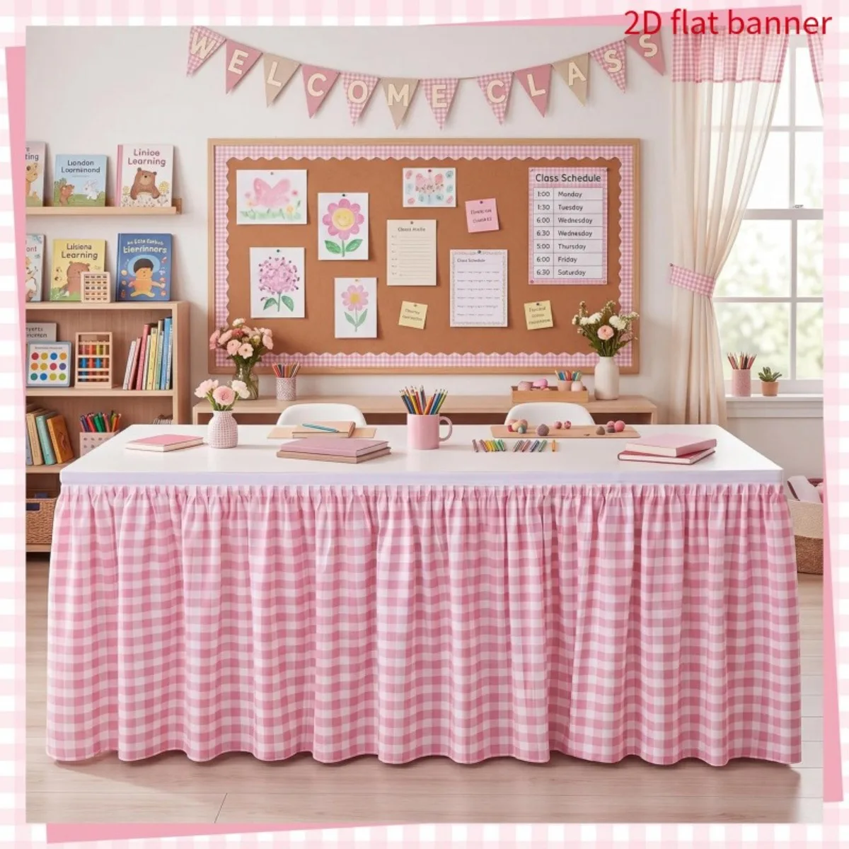 1PC Pink and White Checked Table Skirt, Printed with Pink and White Checked Pattern
