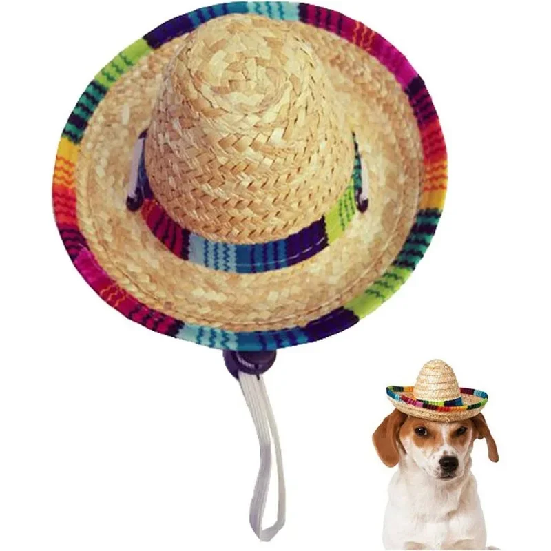 Mini Pet Dog Straw Hat Retro Farmer Cat Sun Hat with Adjustable Buckle Mexican Pet Hat Pet Clothing 15/22cm Dog Accessories