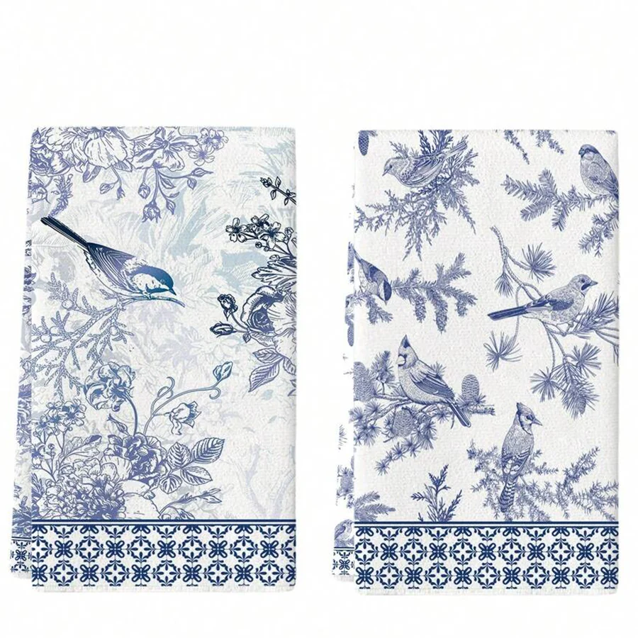 2Pcs, French-Style Blue Floral Kitchen Towels, 40Cm*60Cm Towel Set, Best Kitchen Towels, Super Absorbent Soft Cleaning Cloth, Cooking and Baking Tea Towels, Hand Towels, Cleaning Cloths, Dishcloths, Kitchen Decoration, Living Room Decorations, Kitchen Essentials, Home Essentials