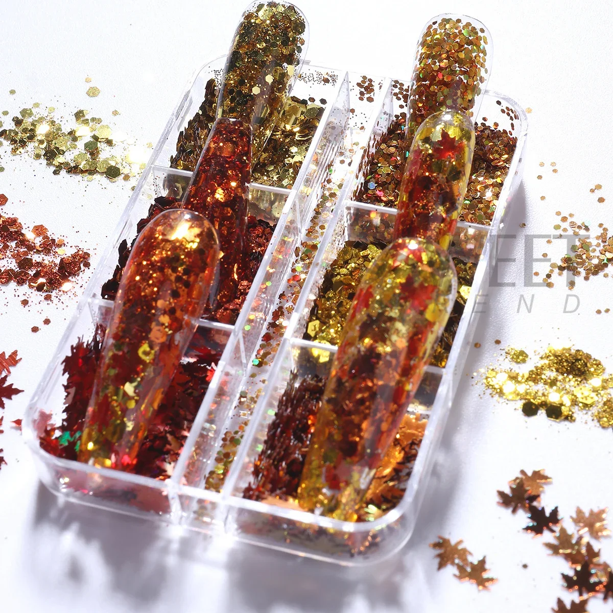 6칸 골든 가을 네일 글리터 슬라이스 단풍잎 육각형 모양 장식 스팽글 DIY 가을 겨울 반짝이는 매니큐어 액세서리