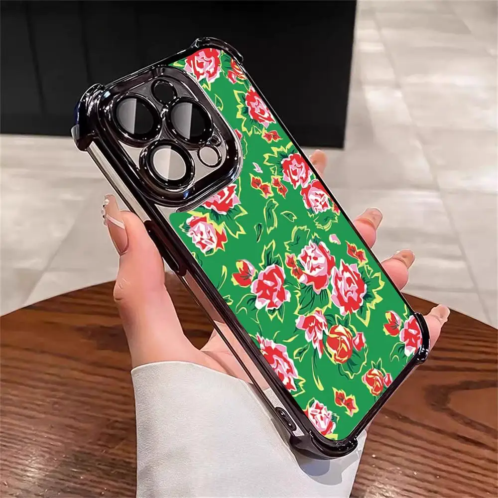 Northeast China K-pop Floral Fabric Phone Case Cool Electropla Black Fashion Corners Drop-proof For IPhone 16 15 14 13 12 11 X