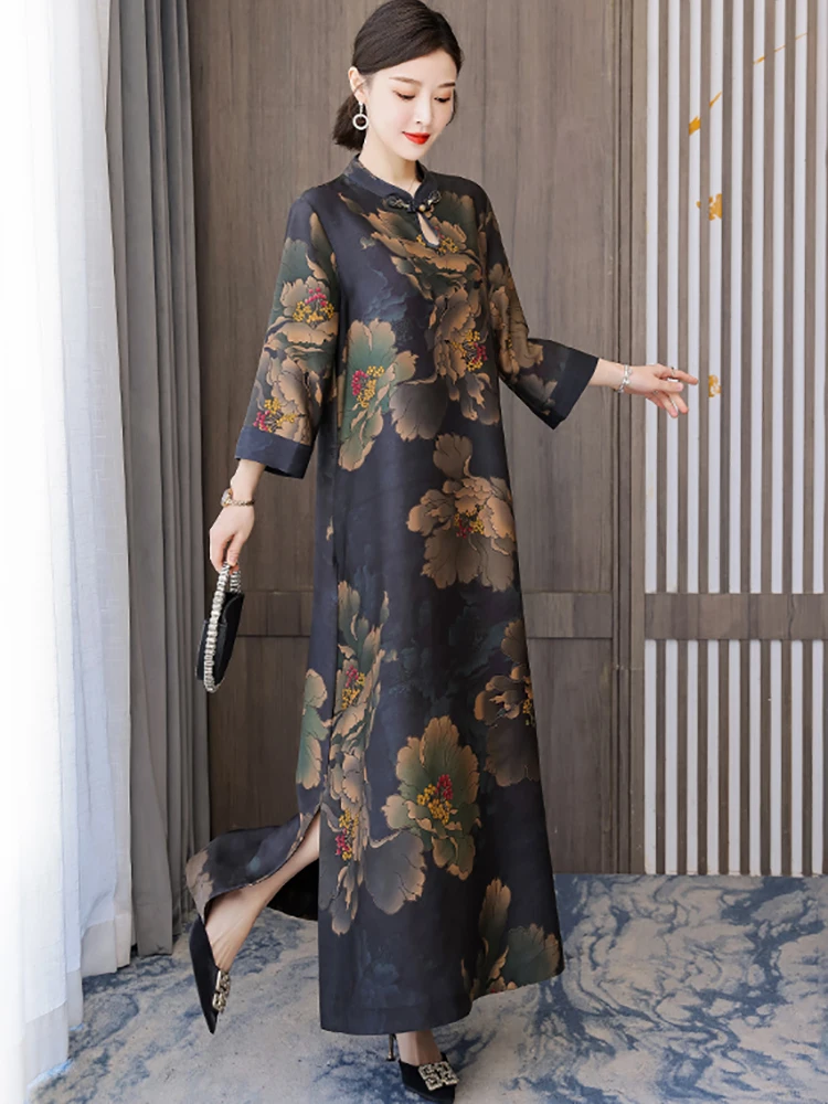 Autumn Winter Floral Silk Long Sleeve Maxi Dress Women Fashion Casaul Loose Waist Dress 2024 Korean Vintage Elegant Night Dress