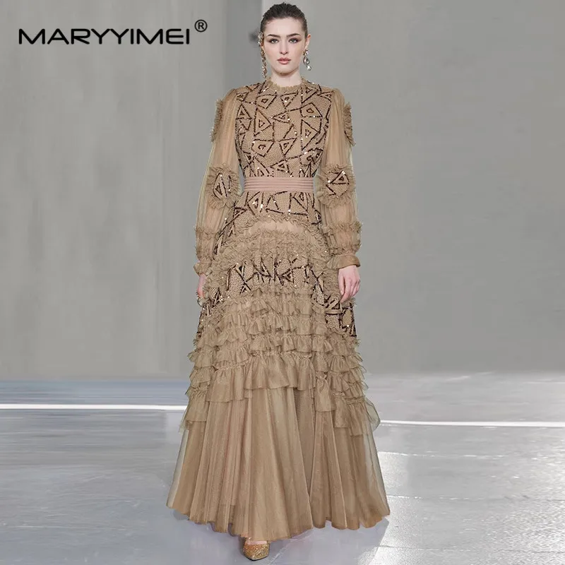 MARYYIMEI New Style Women\'s Ball Gown Dress Flare Sleeved Beading Slim Sequins Edible Tree Fungus Edge Loose Waist Dresses