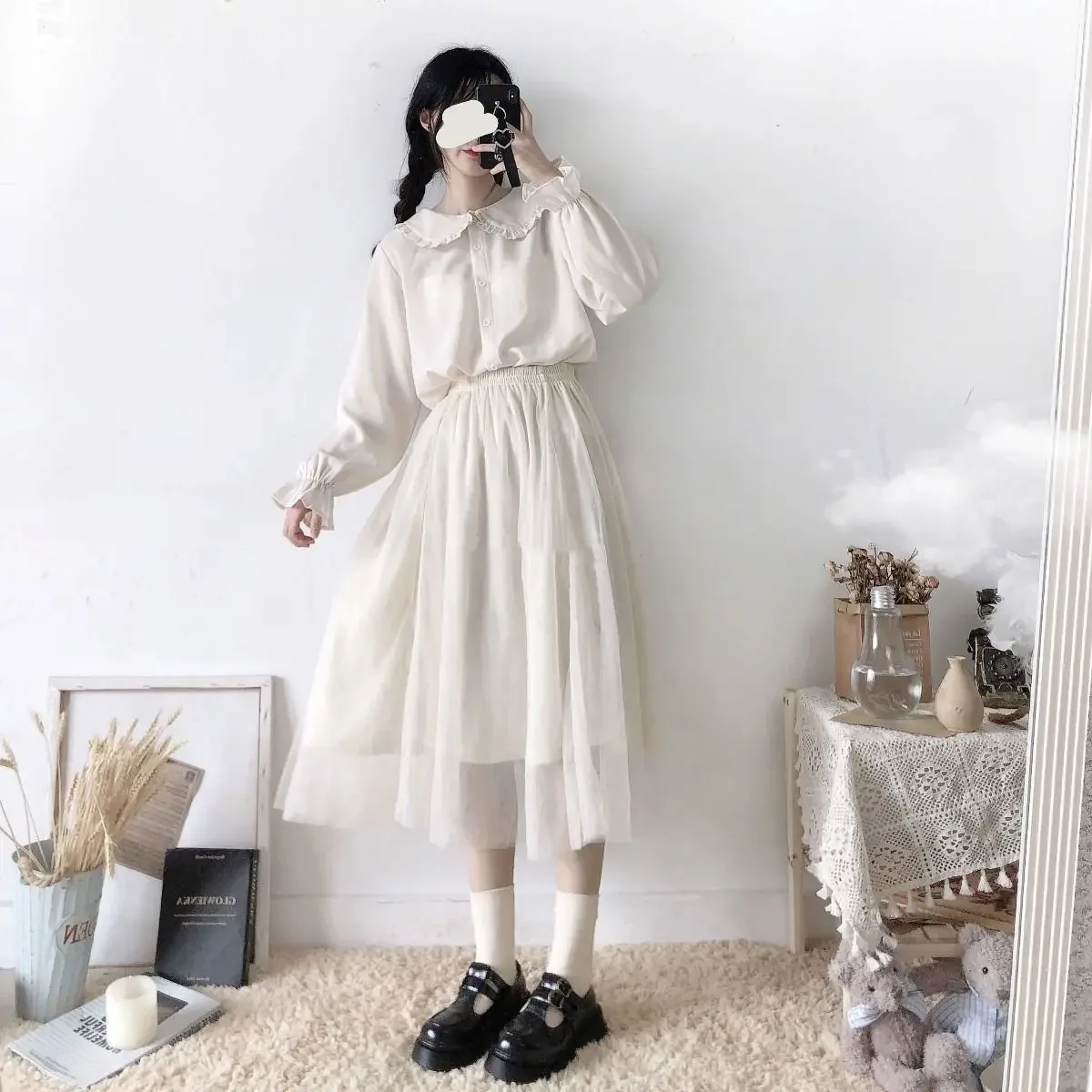 White Blouse Ruffle Sweet Lolita Basic Button Up Top Woman Autumn Spring Peter Pan Collar JK Fashion Uniform Shirt Free Shipping