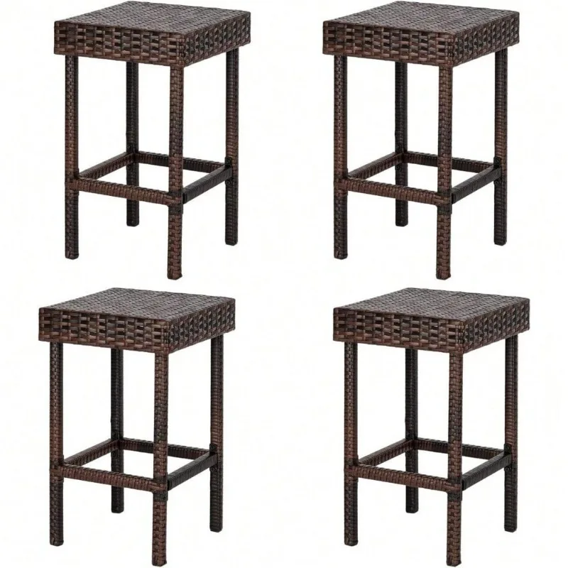 

Set of 4 Patio Wicker Bar Stools Outdoor Rattan Dining Chair Pub Stool Backless