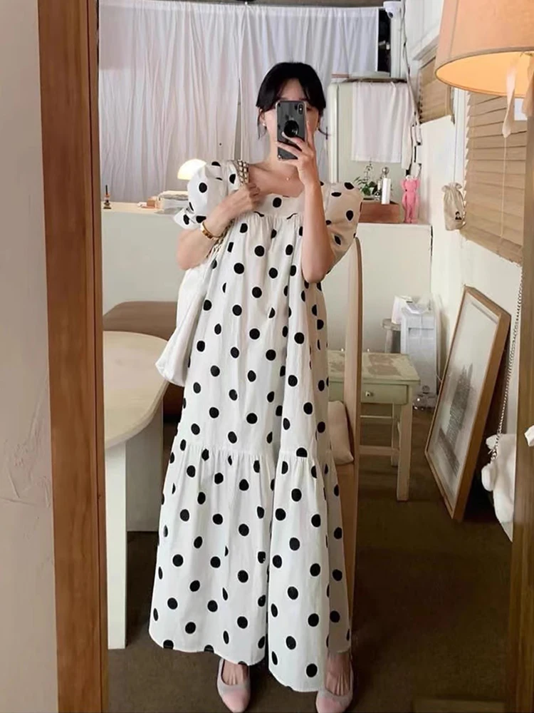 South korea Chic Summer French sle Retro Square Collar Contrast Color Polka Dot Design Loose Casual Puff sleeve Dress Women