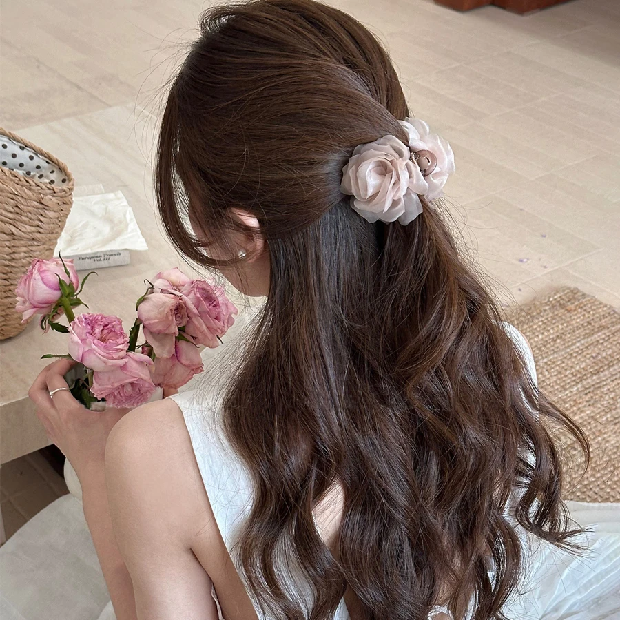 Elegante Haarklammern für Frauen und Mädchen Weiche Stoff-Chiffon-Blumen Pferdeschwanzhalter Haarspangen Barrette Modische Haaraccessoires