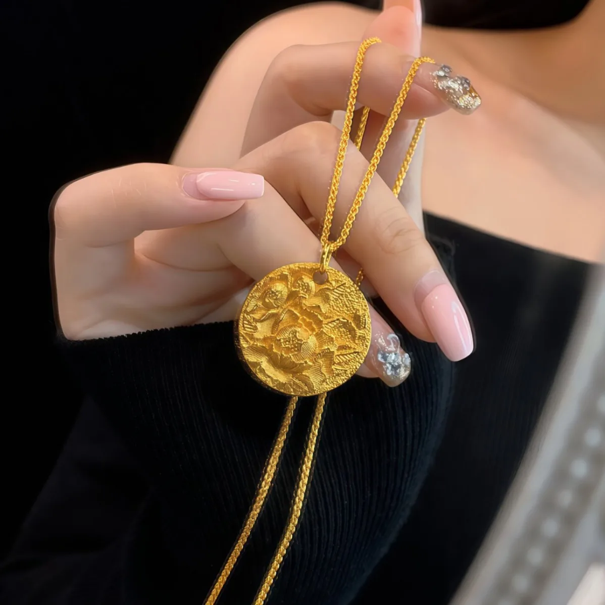 

Luxury 24K 9999 Pure Gold real gold Filament embossed peony flower pendant women's necklace clavicle chain