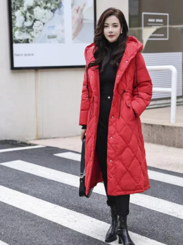 Winter Warm Coat Fashion Rhombus Long Down Jacket Hooded Drawstring Warm Coat 2024 New Casual Versatile Long Parka Coat