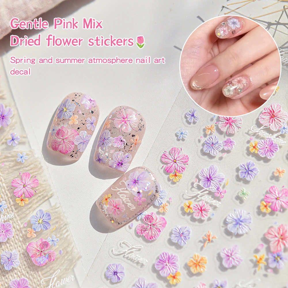 KANIU 1 Stück Frühlings-Nagelaufkleber mit simulierten Blumen, mikrogeprägte, farbenfrohe Blumenmotive für französische/nude Nägel, schaffen ein Frühlings-Feeling