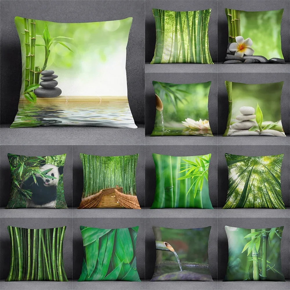 Fresh Green Bamboo Printing Pattern Cushion Cover for Home Living Room Sofa Decoration Square Throw Pillow