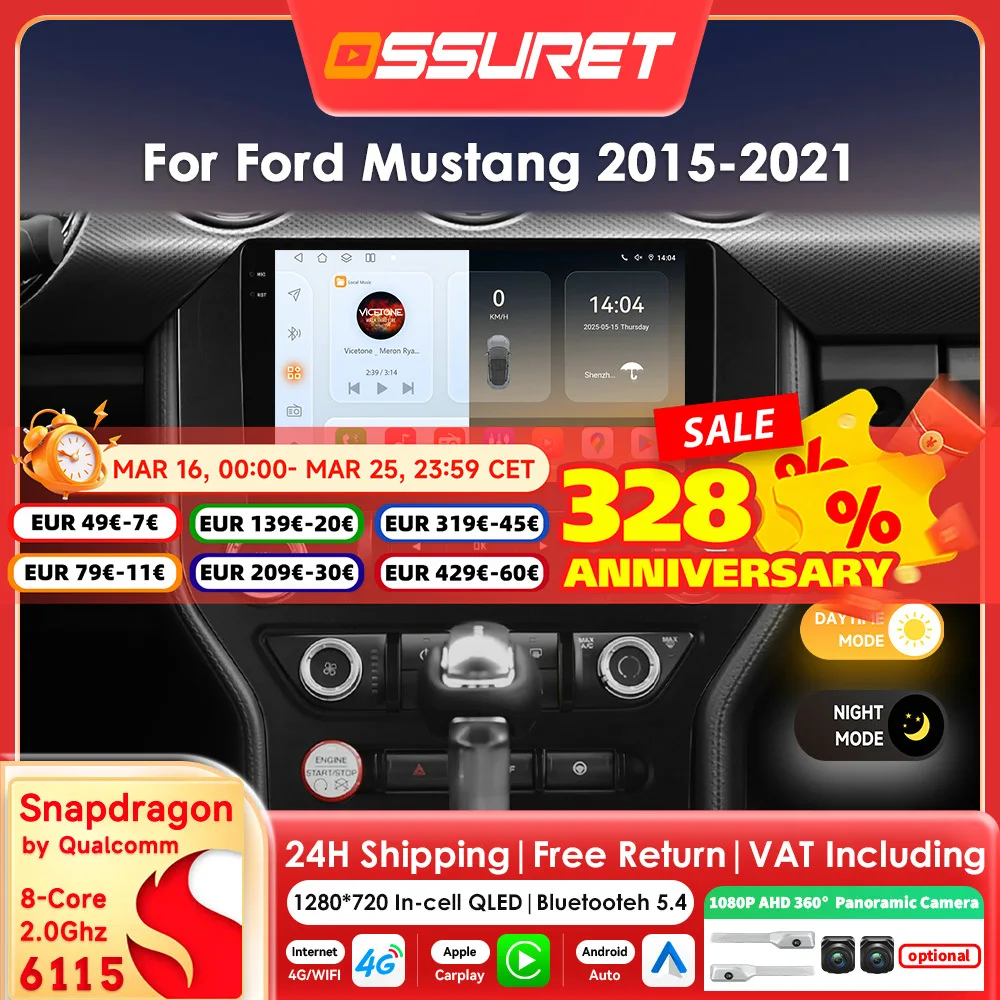 Carplay Android 14 Autoradio für Ford Mustang 2 2015–2021 Multimedia-Player von Snapdragon 6115 Autoradio GPS 360 Cam BT-Bildschirm