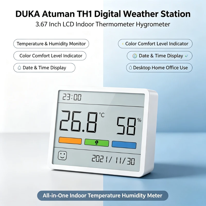 DUKA Atuman 3.67 Inch LCD Digital Weather Station Indoor Thermometer Hygrometer Temperature Humidity Monitor TH1