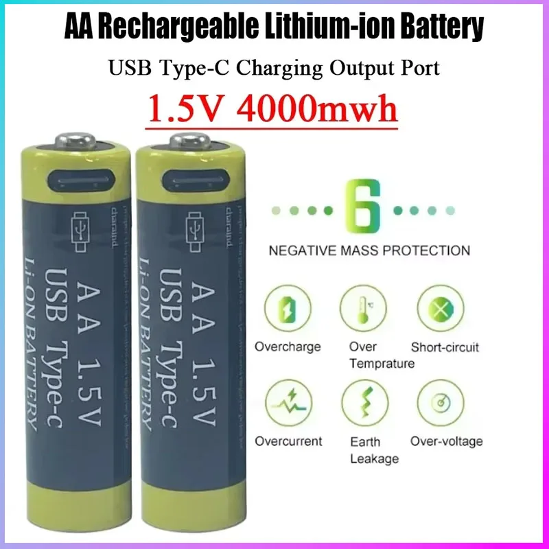 New AA 1.5V 4000mwh Rechargeable Li-ion Battery for Mouse Remote Control Small Fan Electric Toy Batteries USB Type-C Cable