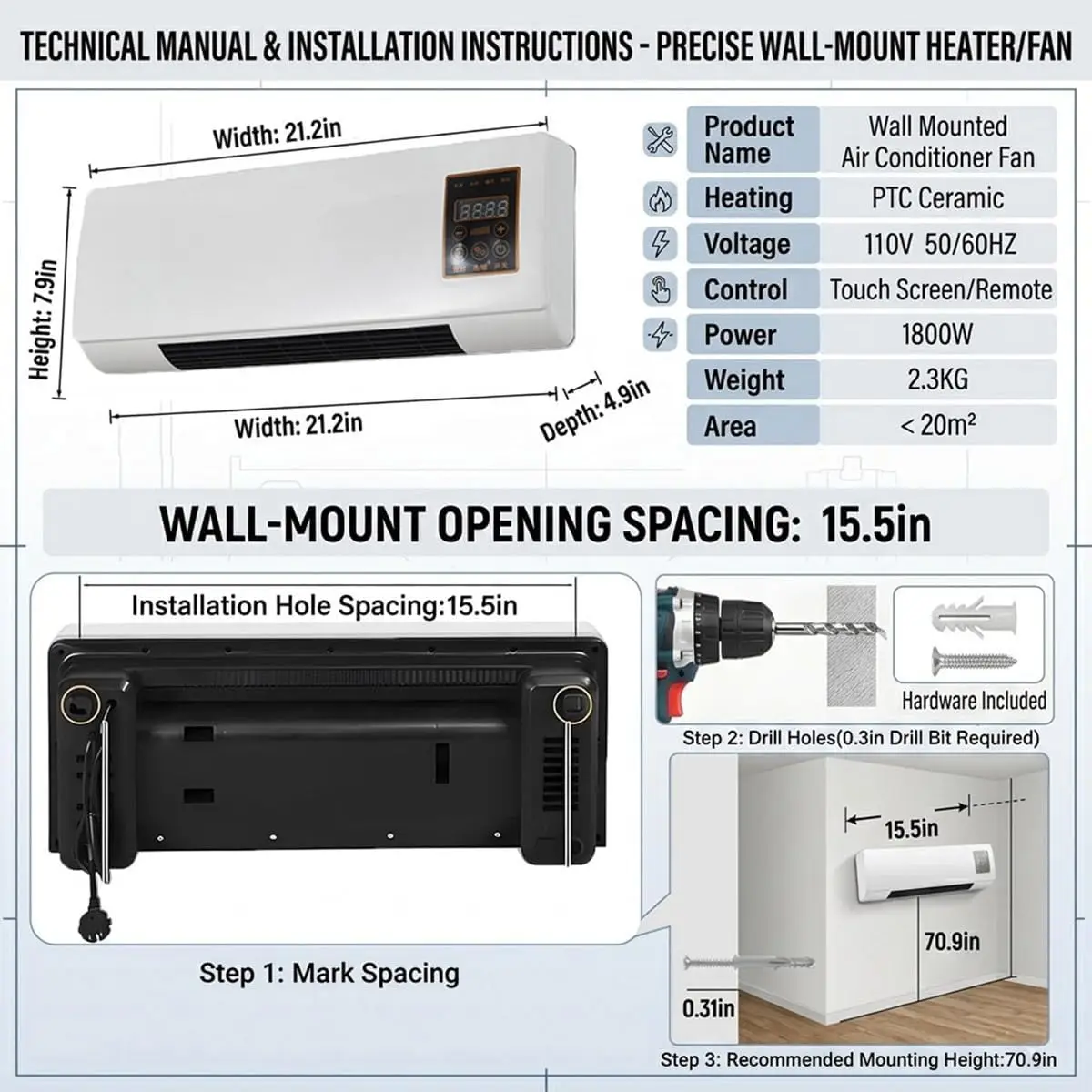Wall Mounted Air Conditioner and Heater Combo, 1800W Ductless Portable AC Fan Unit, 2-in-1 PTC Heating & Cooling System Smart Mini AC Unit for Bedroom, Office, RV, Camper(White)