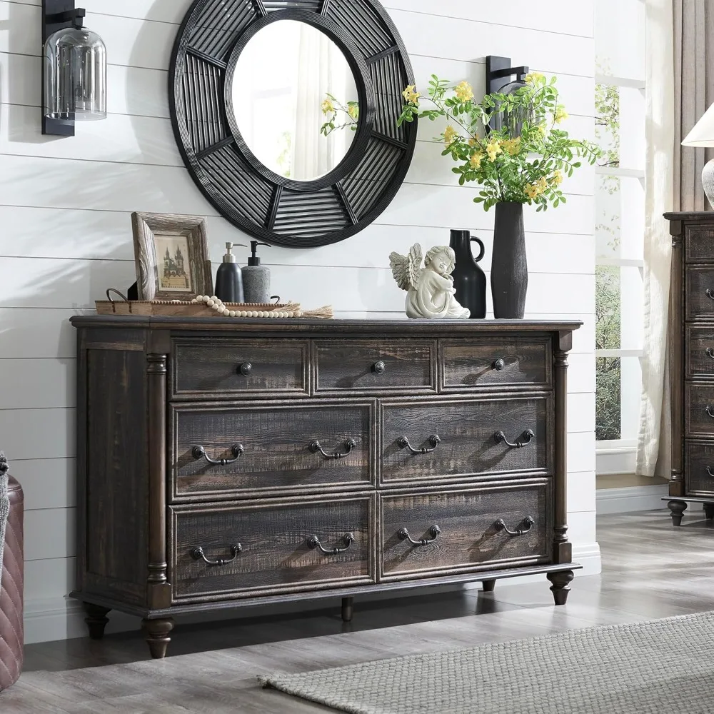 Farmhouse 7 Drawers Dresser Chests for Bedroom w/ 4 Solid Wood Feet & Column Decor, Tall Wide Wood Country Rustic Chest