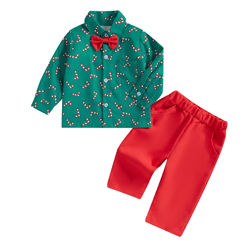 Toddler Boy Christmas Set Candy Cane Print Bow Tie Long Sleeve Lapel Neck Shirt Long Pants Outfits