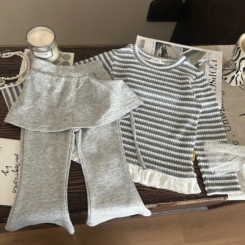 

Toddler Girls Clothes Set 2025 Autumn Kids Girls Pullover Knitting Stripes Sweater Mid Waist Little Girls Bell Bottom Pants