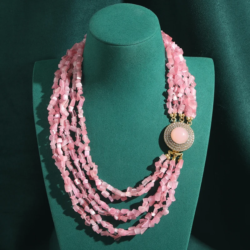 

Vintage Choker Pink Necklaces For Woman Twisted Gravel Chain Layered Gold Color Round Rose Quartz Accessories Party Wedding 2025