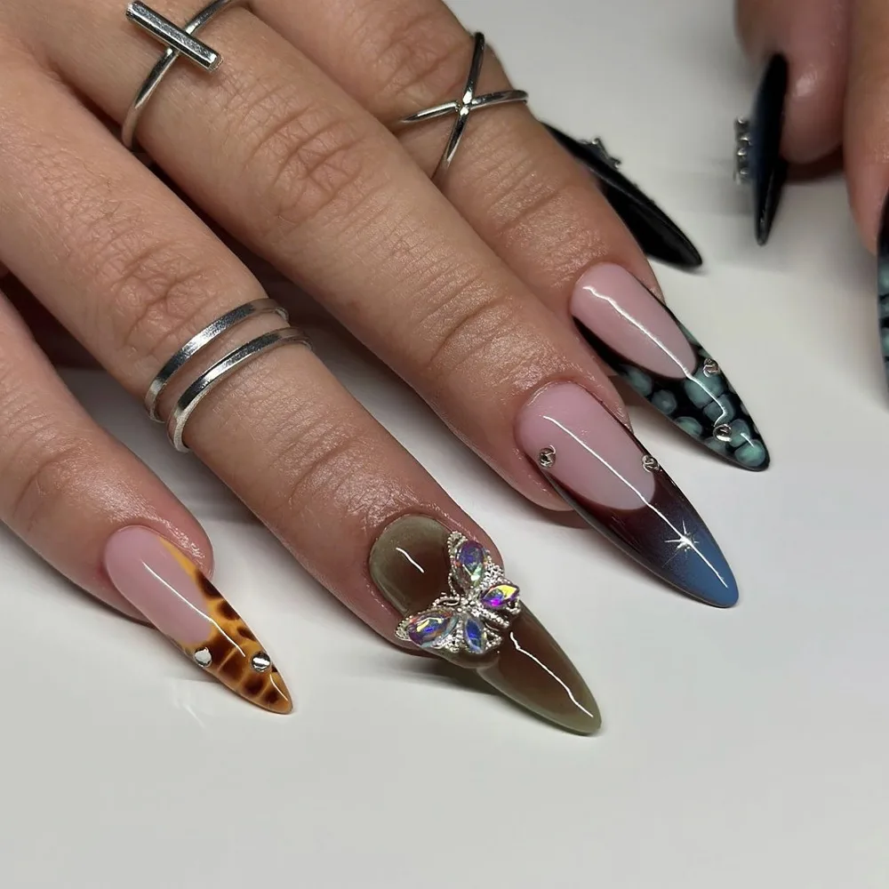 3D Flower Bow Love Nail Tips Full Cover False Nail with Jelly Stickers Leopard Print Press On Nails For Women Girl Fake Nail